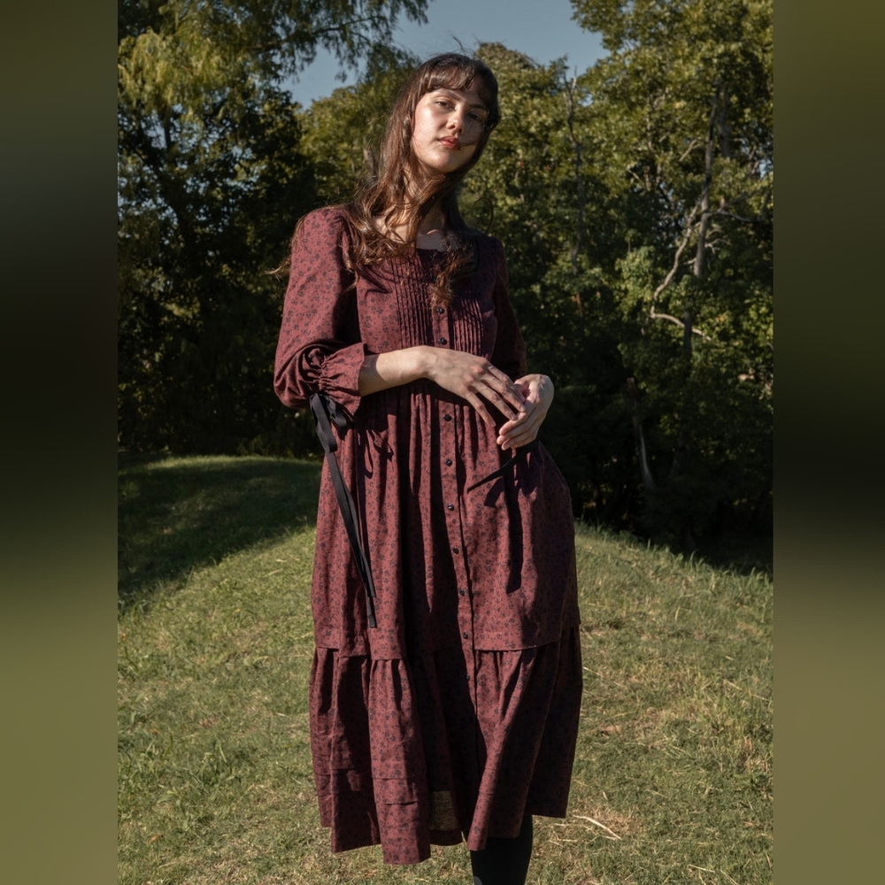 Midi Button-Front Dress in Deep Burgundy Floral